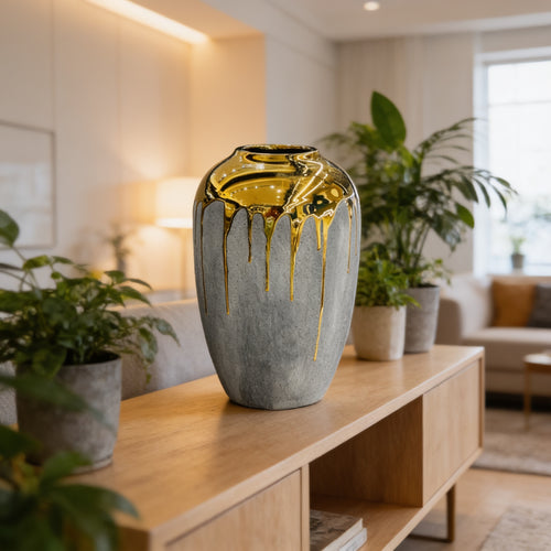 Elegant Matte Grey & Liquid Gold Ceramic Vase