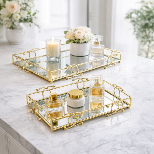2 Piece Decorative Mirrored Vanity Tray Set