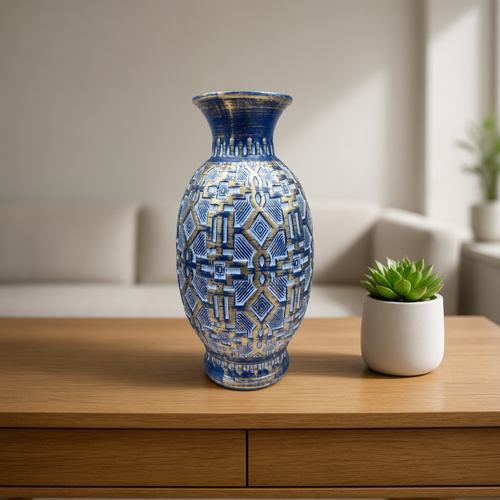 Royal Blue and Gold Geometric Ceramic Vase