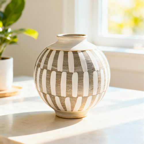 Elegant Monochrome Stripes Round Ceramic Vase