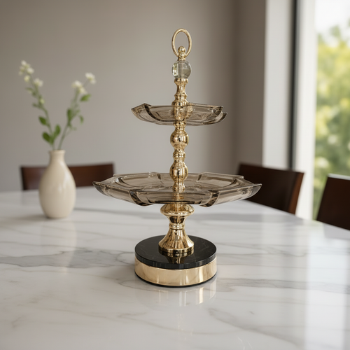 Luxury 2-Tier Serving Stand with Gold Finish & Black Base