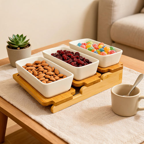 Elegant Triple Ceramic Platter with Bamboo Stand