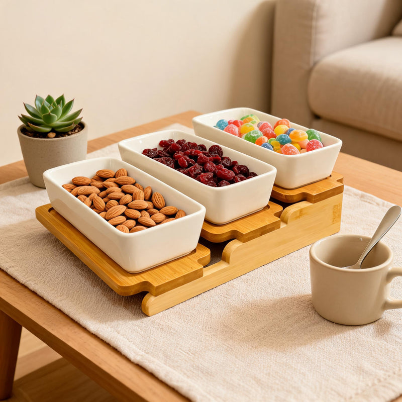 Elegant Triple Ceramic Platter with Bamboo Stand