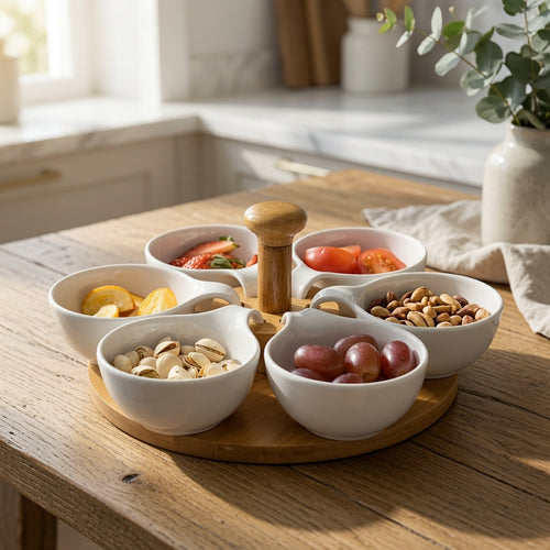Revolving Server with 6 Removable Bowls & Wooden Center Stand