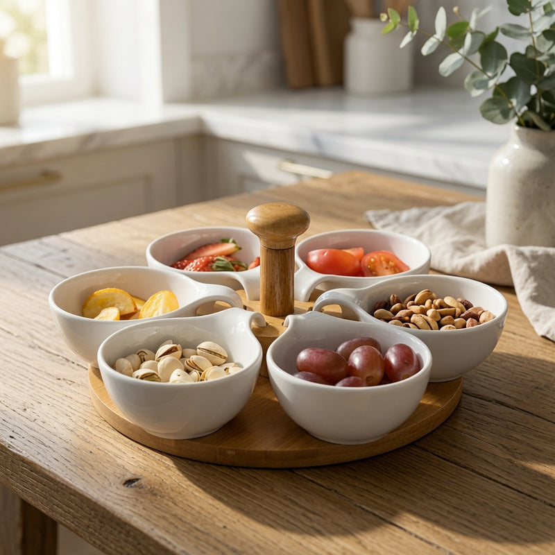 Revolving Server with 6 Removable Bowls & Wooden Center Stand