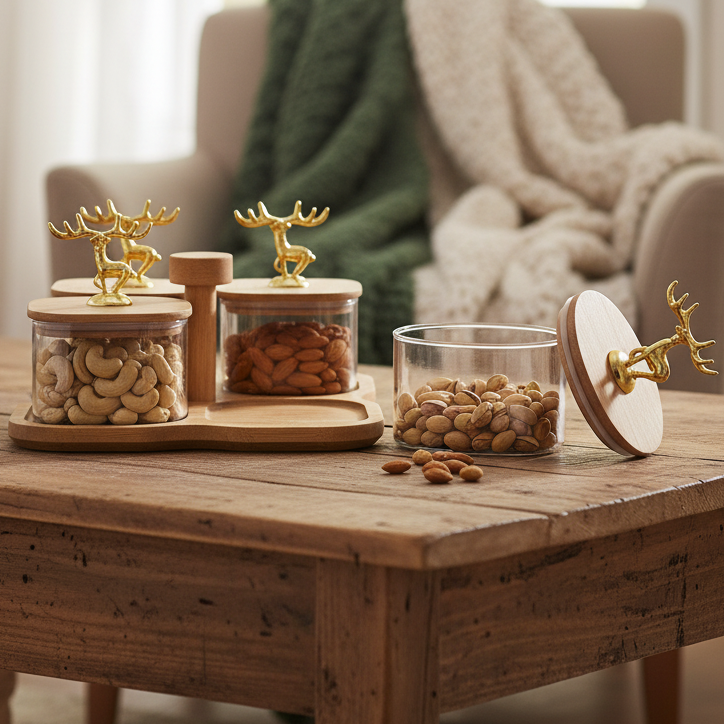 4 Glass Jars with Gold Deer Handle Lids and Carrying Base