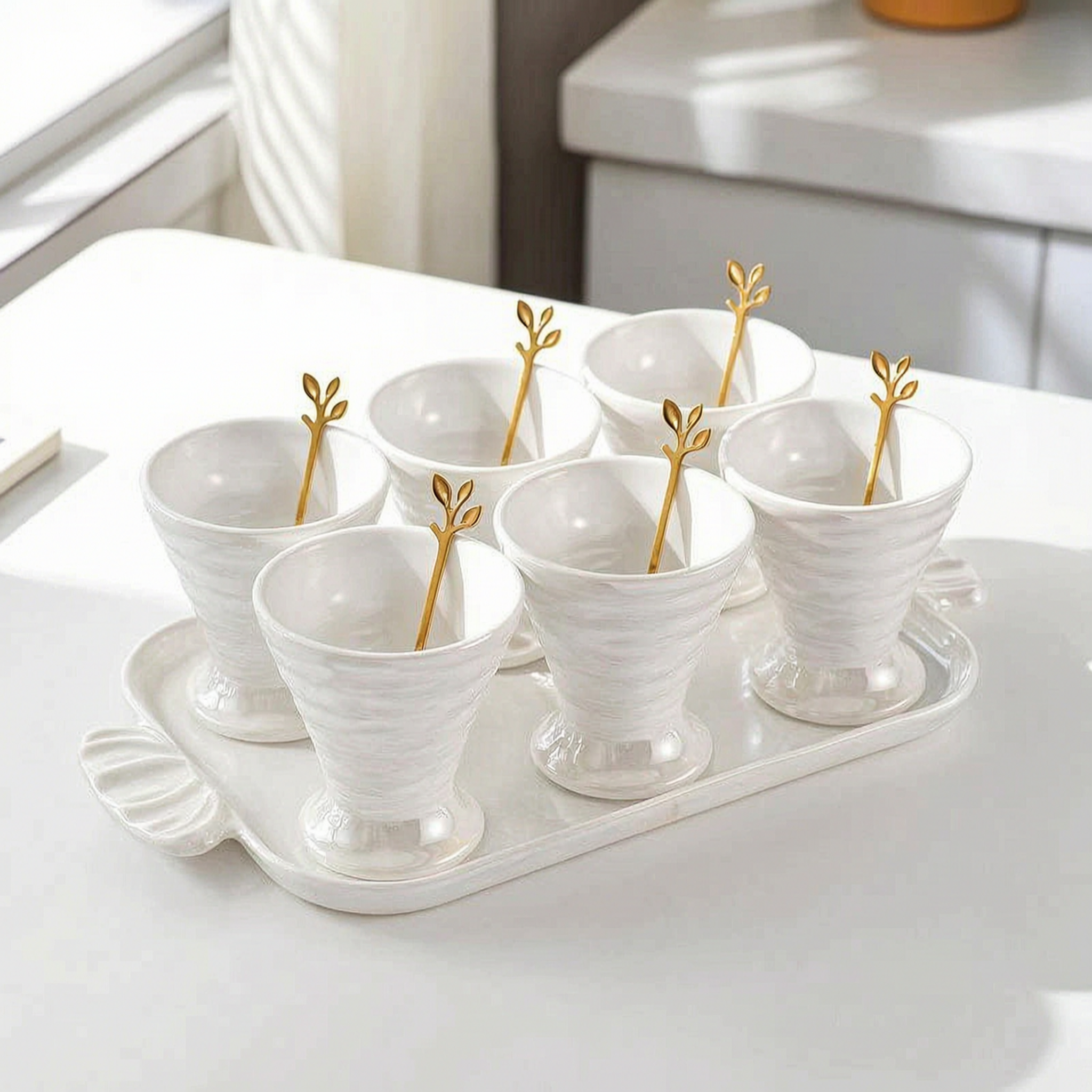 Elegant Ceramic Server Set with Golden Spoons & Tray