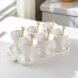 Elegant Ceramic Server Set with Golden Spoons & Tray