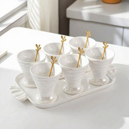 Elegant Ceramic Server Set with Golden Spoons & Tray
