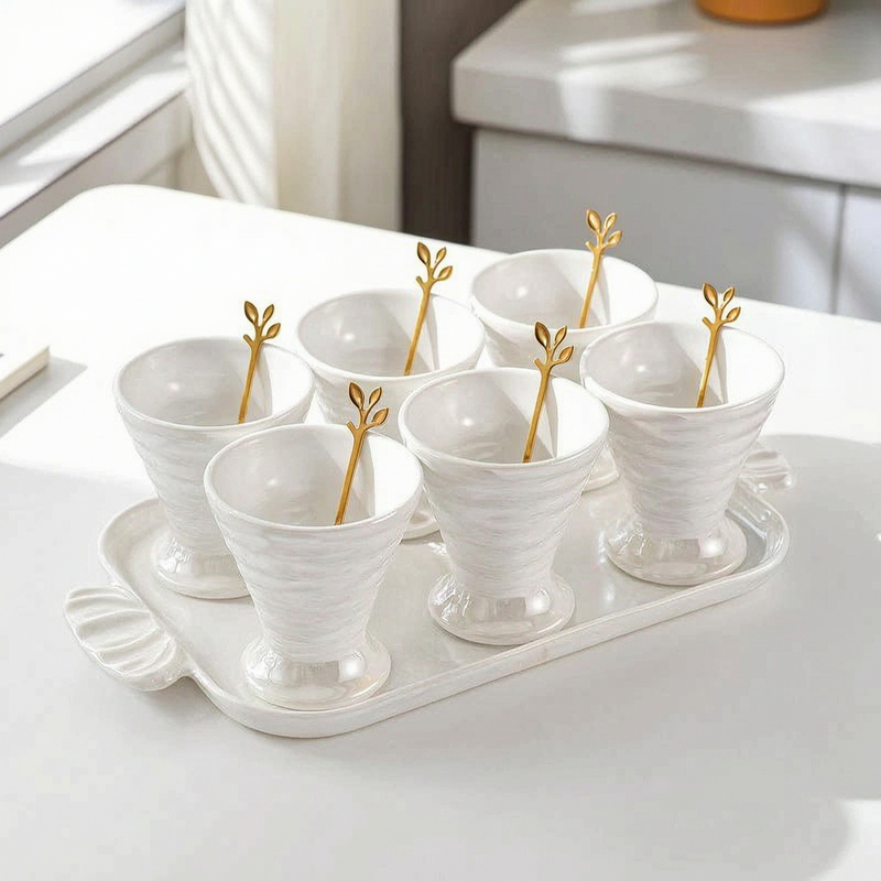 Elegant Ceramic Server Set with Golden Spoons & Tray