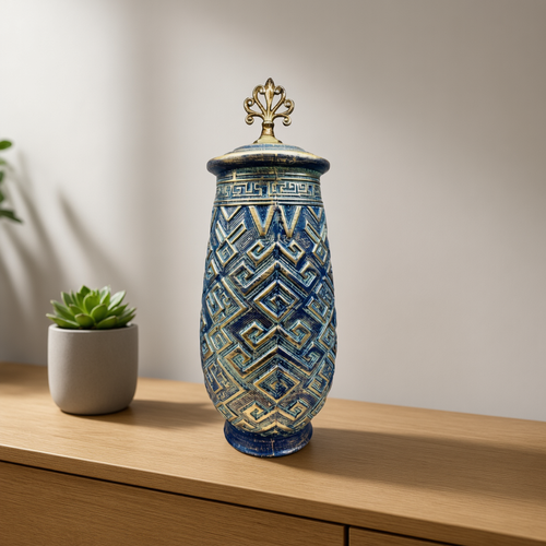 Elegant Blue & Gold Geometric Decorative Jar with Lid