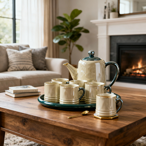 Luxury Green & Peral Ceramic Tea Set with Tray 8 Piece