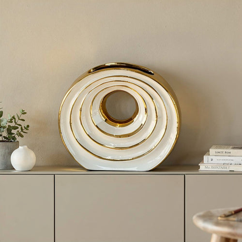 Elegant Concentric Ring Vase in White & Gold