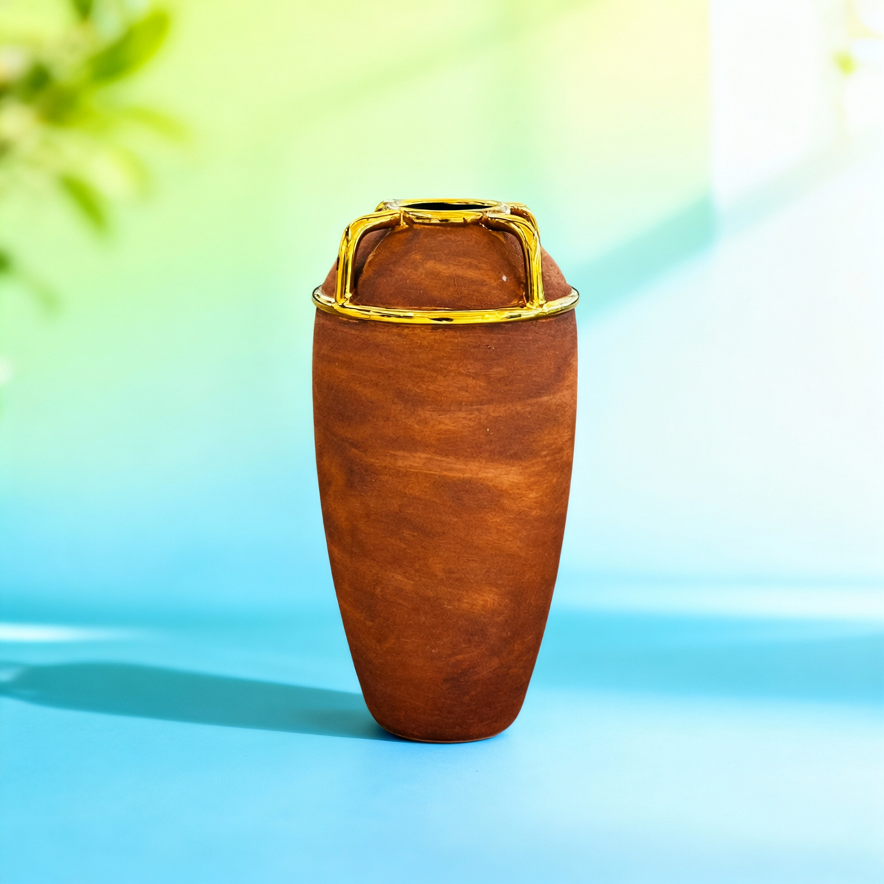 Rustic Textured Vase with Gold Handle Accents
