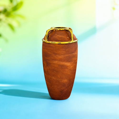 Rustic Textured Vase with Gold Handle Accents