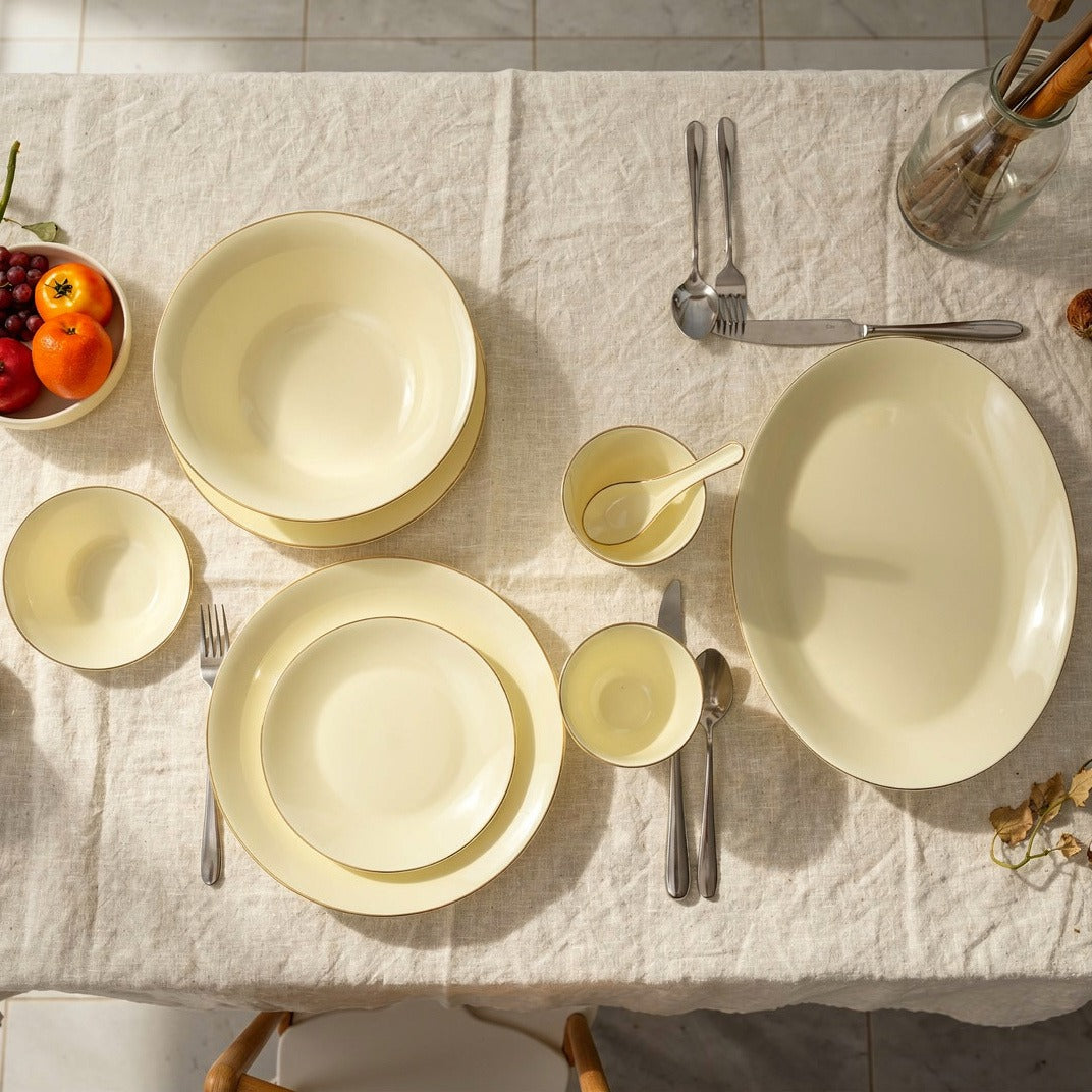Modern Vanilla Opal Dinnerware Set with Gold Accents 33 Pcs