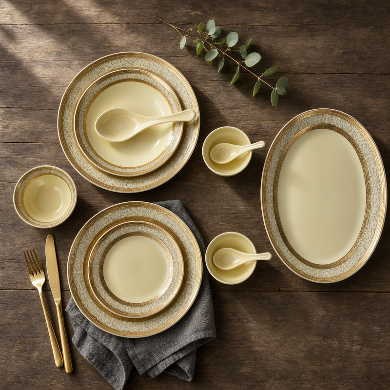 Elegant Ivory & Damask Gold Rim Fine Dinnerware Set 35 Pcs