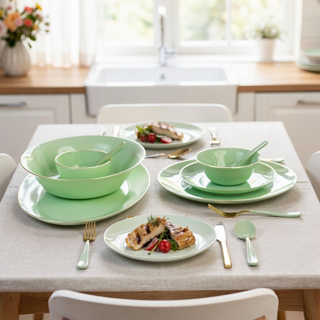 Modern Jade Opal Dinnerware Set with Gold Accents 33 Pcs