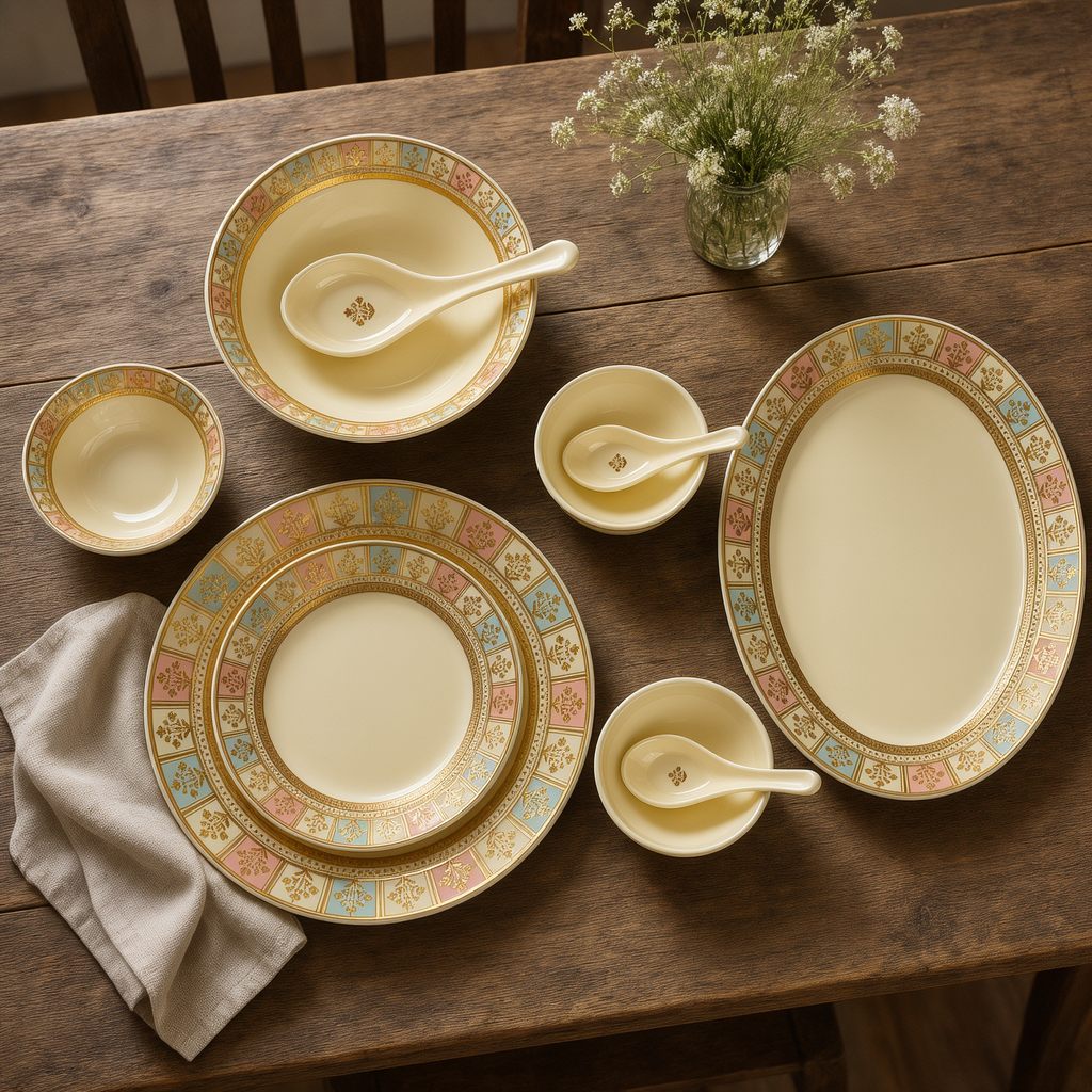 Imperial Pastel Mosaic & Gold Floral Rim Dinnerware Set 35 Pcs