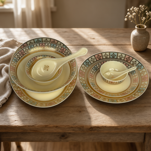 Imperial Pastel Mosaic & Gold Floral Rim Dinnerware Set 35 Pcs