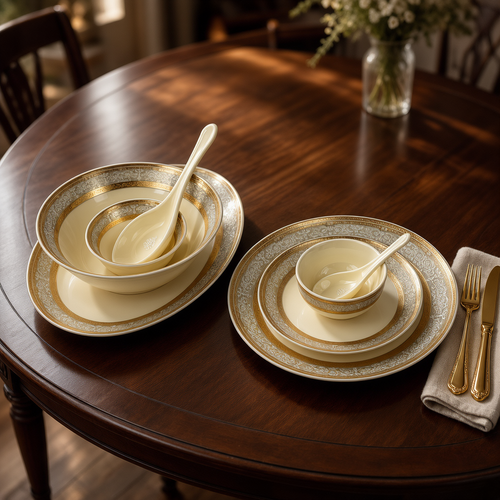 Elegant Ivory & Damask Gold Rim Fine Dinnerware Set 35 Pcs