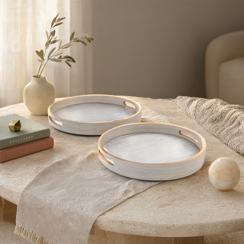 Round Wooden Serving Tray with Fluted Base Set of 2