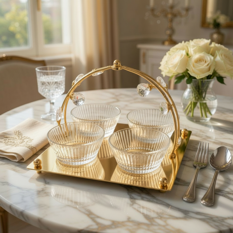 4-Bowl Crystal Serving Set with Decorative Gold Tray & Handle