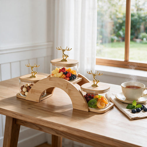 Golden Deer Glass Serving Bowls - Natural Bamboo Bridge Tray Set of 3