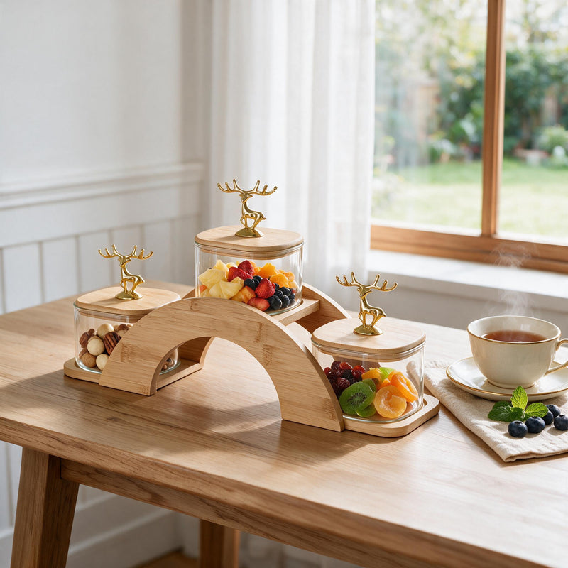 Golden Deer Glass Serving Bowls - Natural Bamboo Bridge Tray Set of 3