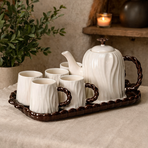 Organic Wood-Grain Textured Tea Set with Braided Handles & Serving Tray