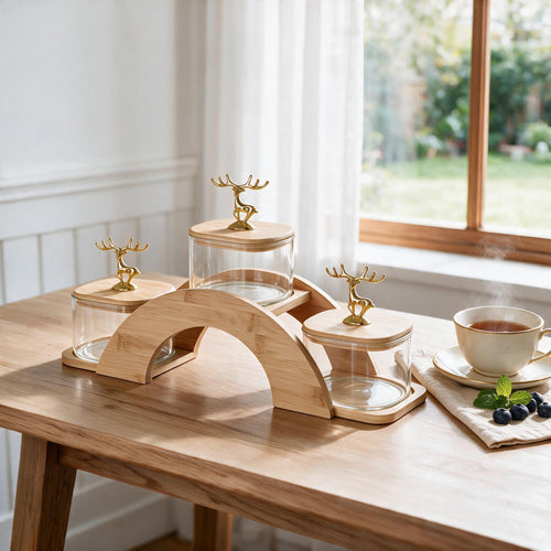 Golden Deer Glass Serving Bowls - Natural Bamboo Bridge Tray Set of 3