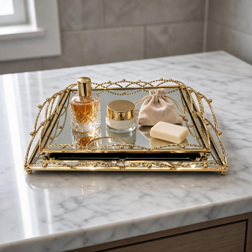 Luxury Golden Metal Framed Mirrored Vanity & Serving Trays