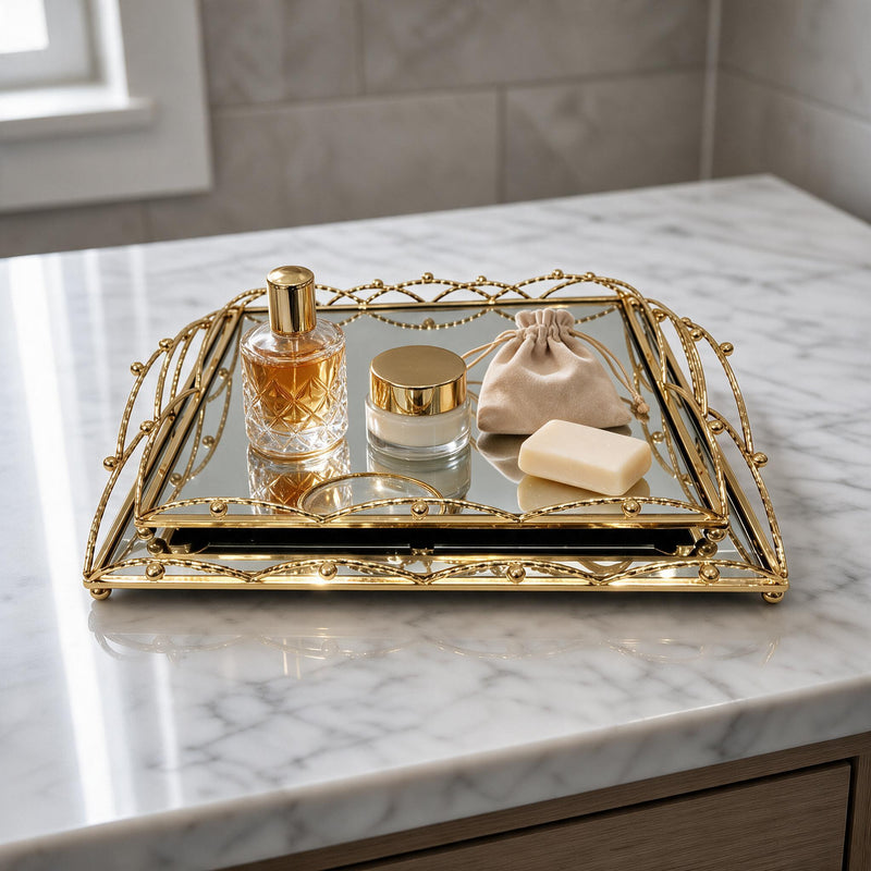Luxury Golden Metal Framed Mirrored Vanity & Serving Trays