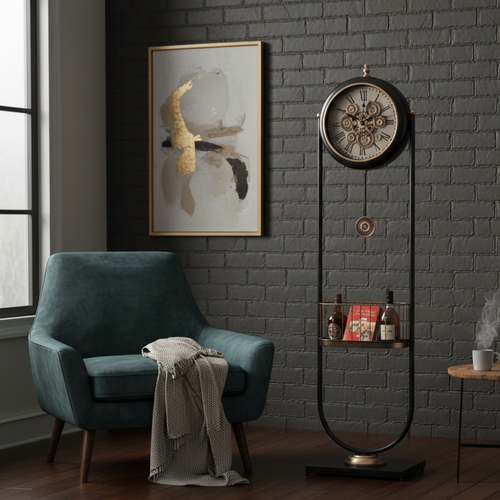 Vintage Industrial Grandfather Clock with Built-In Display Shelf