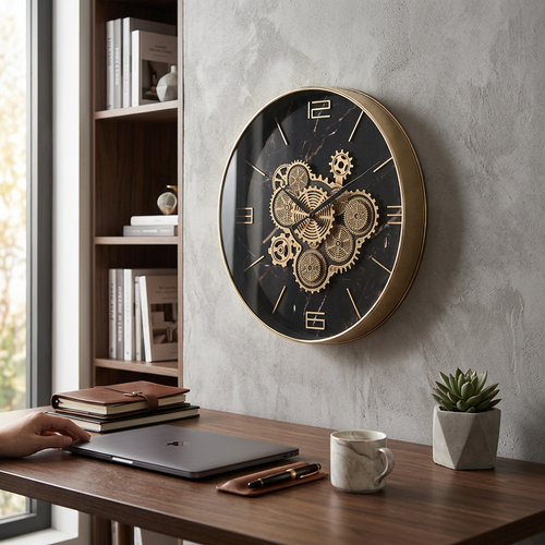 Chronos Black Marble & Gold Gear Wall Clock