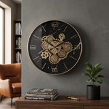 Chronos Black Marble & Gold Gear Wall Clock