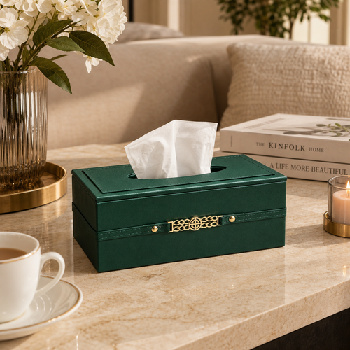 Luxury Emerald Green Tissue Box Cover with Gold Chain Emblem