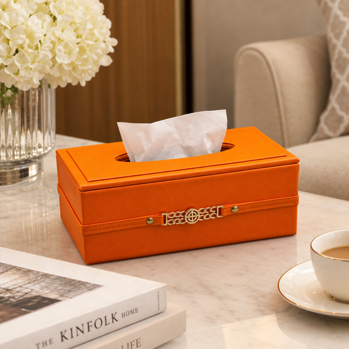 Luxury Burnt Orange Tissue Box Cover with Gold Chain Emblem