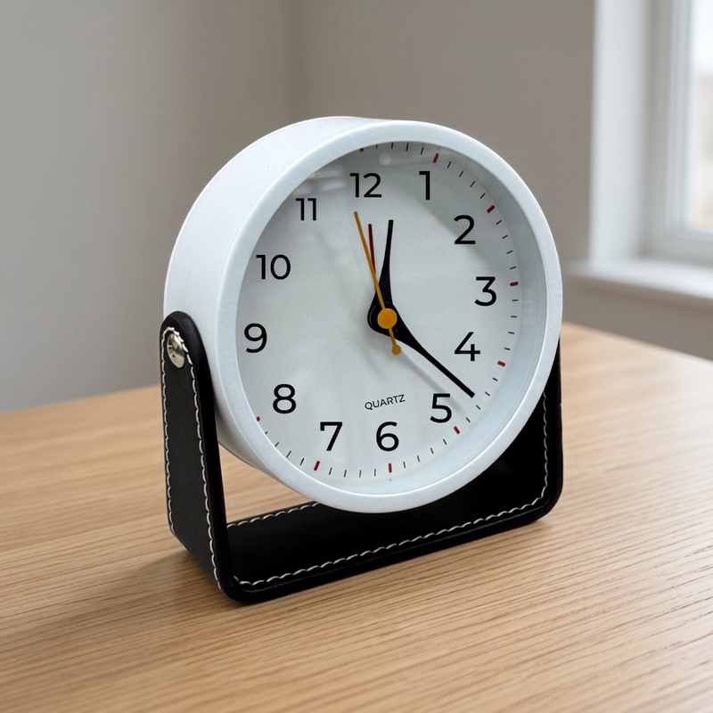 Modern Minimalist Round Tabletop Clock with Stitched Black Leatherette Stand