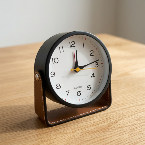 Modern Minimalist Round Tabletop Clock with Stitched Black Leatherette Stand
