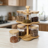 Luxury Glass Spice Carousel Rack with Airtight Wooden Lids