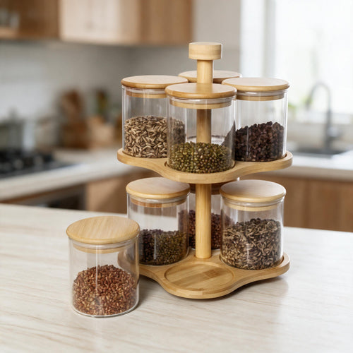 Luxury Glass Spice Carousel Rack with Airtight Wooden Lids