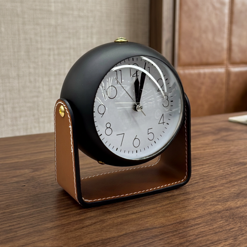 Modern Spherical Desk Clock with Stitched Tan Leatherette Stand – Matte Black