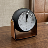 Modern Spherical Desk Clock with Stitched Tan Leatherette Stand – Matte Black