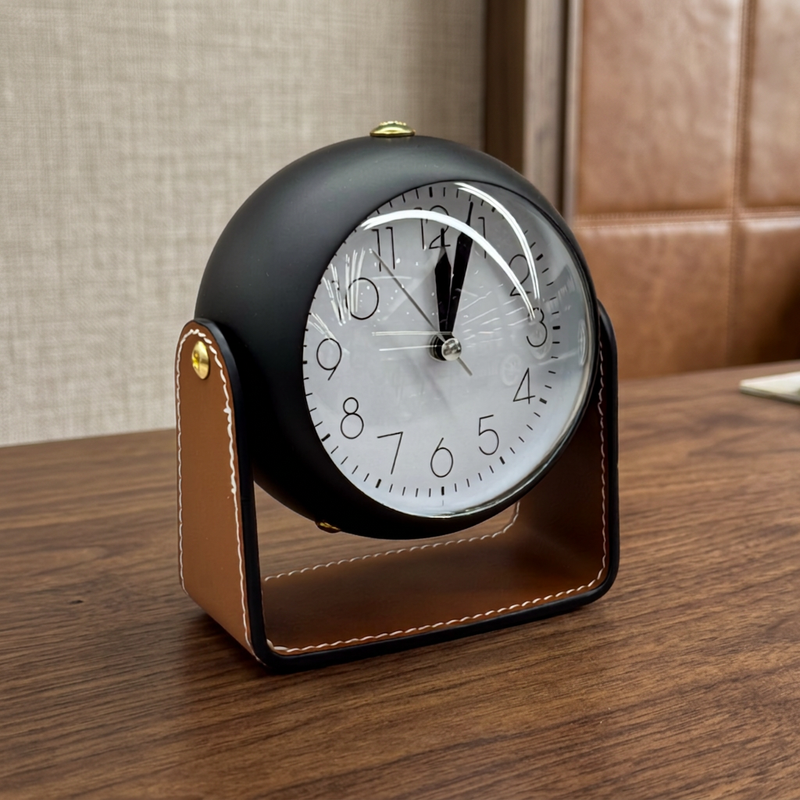Modern Spherical Desk Clock with Stitched Tan Leatherette Stand – Matte Black