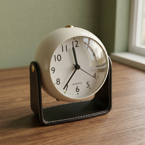 Modern Spherical Desk Clock with Stitched Tan Leatherette Stand – Matte Black