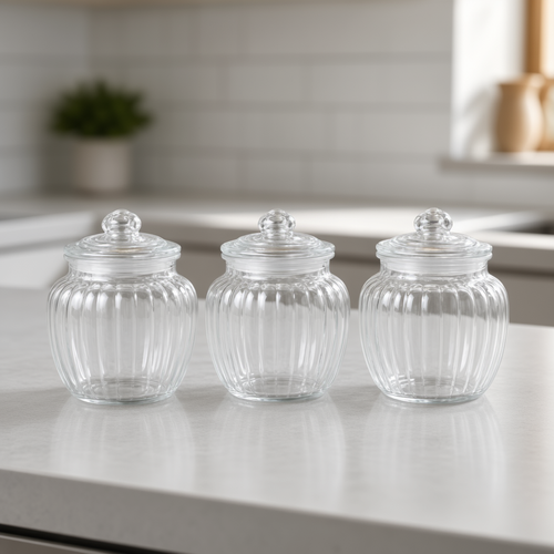 Fluted Crystal Glass Storage Jars with Lids – Set of 3