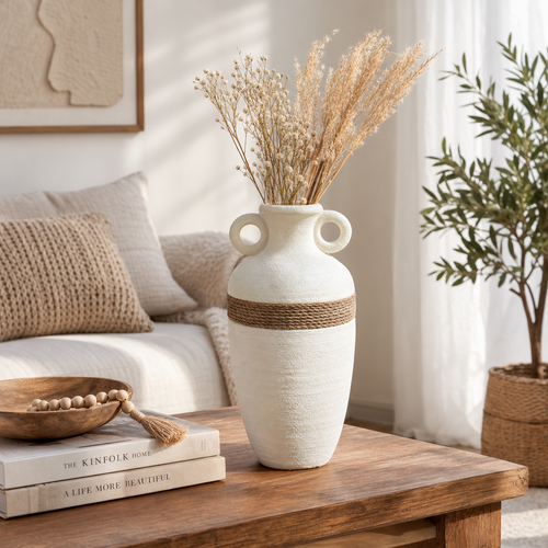 Rustic White Textured Vase with Rope Accent – Modern Decorative Flower Vase