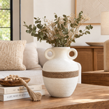 Rustic Round Ceramic Vase with Rope Accent – White Textured Decorative Vase