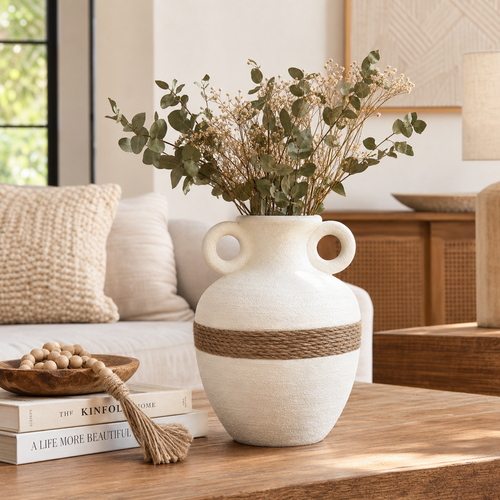 Rustic Round Ceramic Vase with Rope Accent – White Textured Decorative Vase